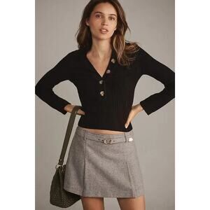 Pilcro The Kassidy Deep V-Neck Pullover Sweater Black Ribbed Button Front Size M